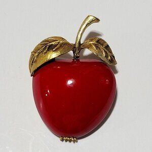 Vintage Red Enamel Apple Brooch Pin Gold Tone Teacher Adam Eve Orchard Harvest